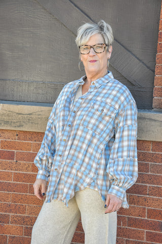 Frayed Pieced Blue Plaid Top