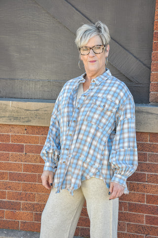 Frayed Pieced Blue Plaid Top