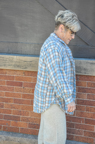 Frayed Pieced Blue Plaid Top