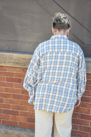 Frayed Pieced Blue Plaid Top