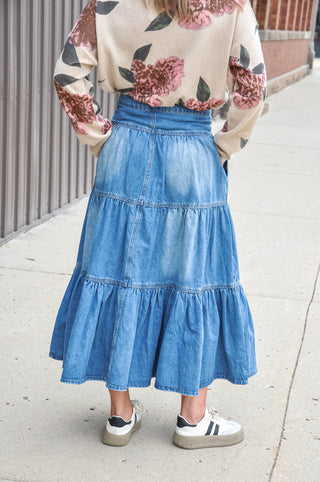 Front Button 3 Tiered Denim Skirt, view 4