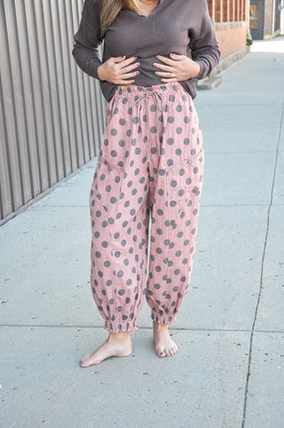 Gathered Ankle Polka Dot Parachute Pant Rose
