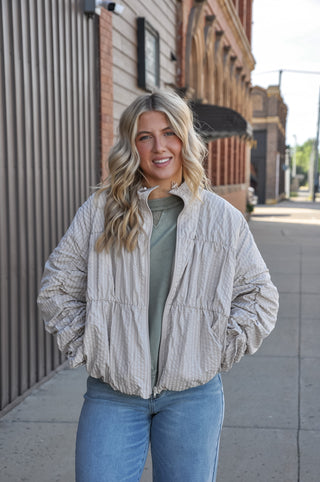Gathered Detail Puffer Jacket in Beige