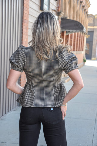 Gingham Puff Sleeve Peplum Knit Top