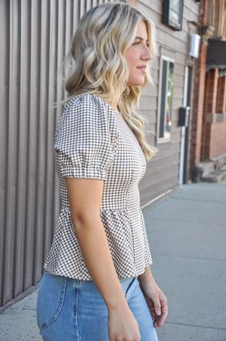 Gingham Puff Sleeve Peplum Knit Top