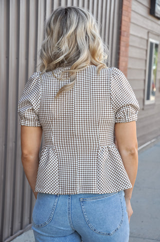 Gingham Puff Sleeve Peplum Knit Top