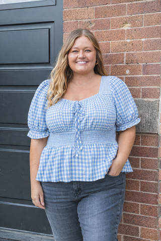 Gingham Sq Neck Puff Sleeve Top