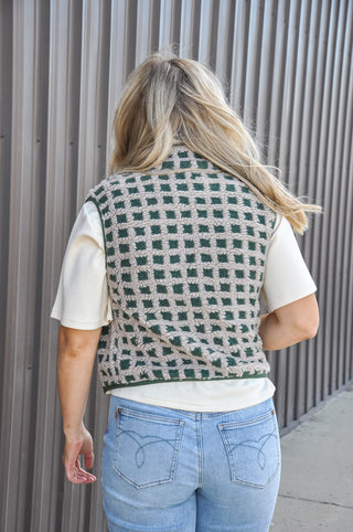 Gingham Sherpa Fleece Zip Up Collared Vest