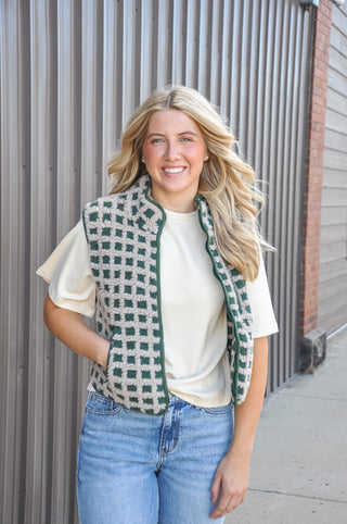 Gingham Sherpa Fleece Zip Up Collared Vest