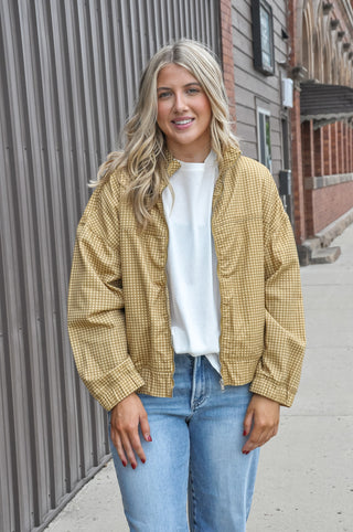 Gingham Stand Collar Zip Up Jacket