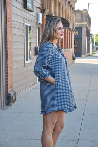 Gingham Tie Neck Ruffle Mini Dress