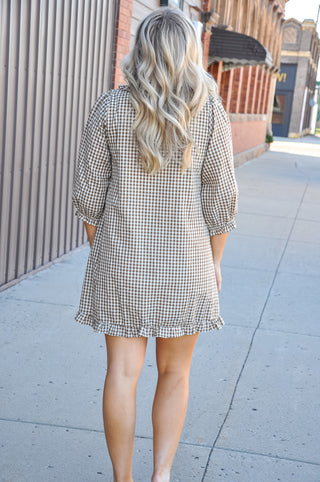 Gingham Tie Neck Ruffle Mini Dress