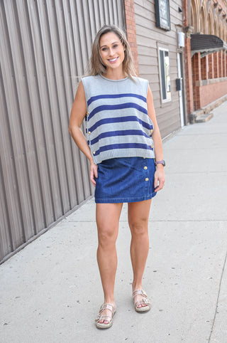 Gold Button Side Slit Denim Mini Skort, view 3