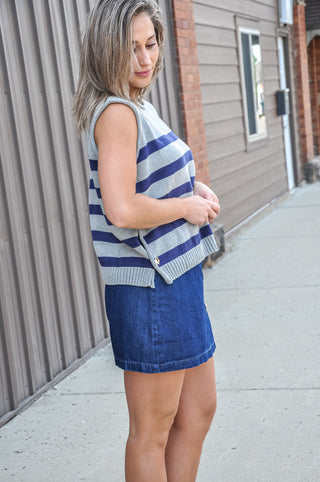 Gold Button Side Slit Denim Mini Skort, view 4