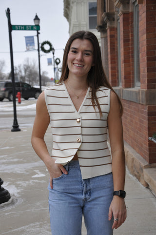 Gold Button Striped Sweater Vest