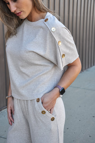 Gold Button Trim Wide-Leg Knit Pants Set