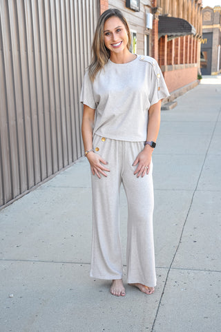 Gold Button Trim Wide-Leg Knit Pants Set