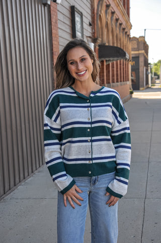 Green Multi Striped Soft Knit Cardigan