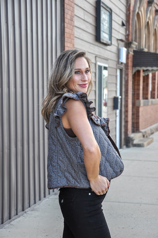 Grey Rev Polka Dot Quilted Ruffle Trim Vest