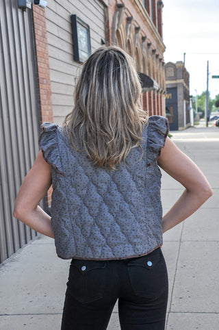 Grey Rev Polka Dot Quilted Ruffle Trim Vest