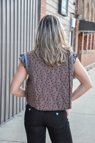 Grey Rev Polka Dot Quilted Ruffle Trim Vest