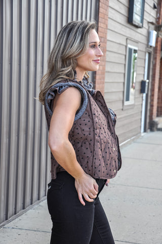 Grey Rev Polka Dot Quilted Ruffle Trim Vest