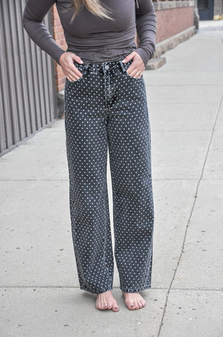 Grey & White Polka Dot Mid Rise Barrel Leg Ankle Length Jeans