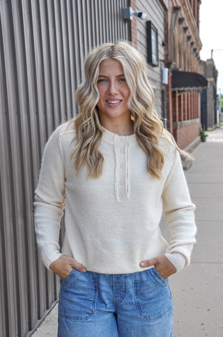 Half Button Fuzzy Crew Neck Sweater