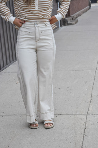Stone Contrast Stitch Wide-Leg Pants