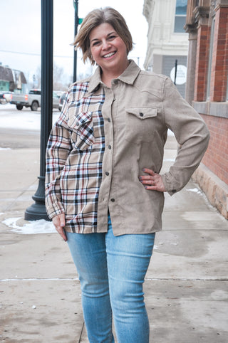 Half Plaid Corduroy Shacket