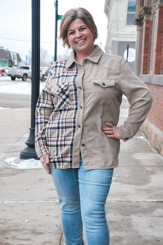 Half Plaid Corduroy Shacket