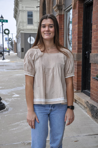 Half Sleeve Pintuck Woven Top