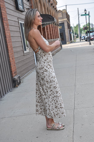 Halter Neck Cowl Back Bias Midi Dress