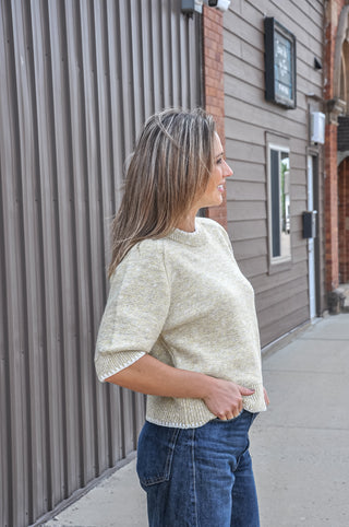 Heathered Contrast Trim SS Knit Sweater, view 5
