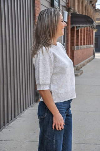 Heathered Contrast Trim SS Knit Sweater, view 6