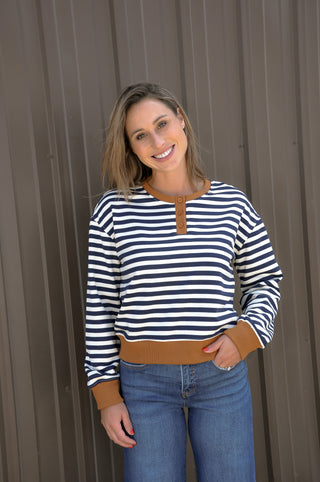Henley Neck Contrast Detail Stripe Sweatshirt