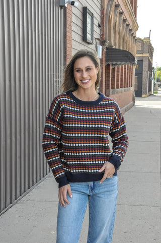 This navy crew neck sweater features a multicolor honeycomb texture stripe pattern.