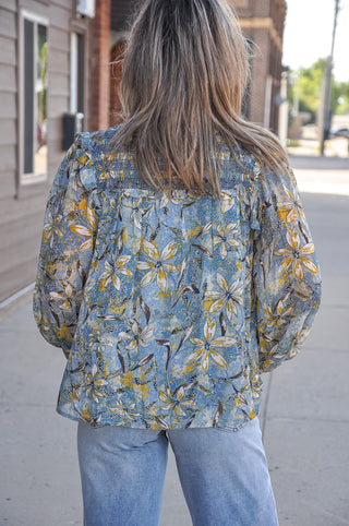 Indigo Floral Smocked Puff Sleeve Blouse
