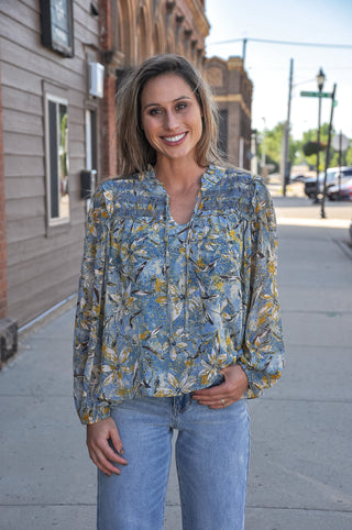 Indigo Floral Smocked Puff Sleeve Blouse