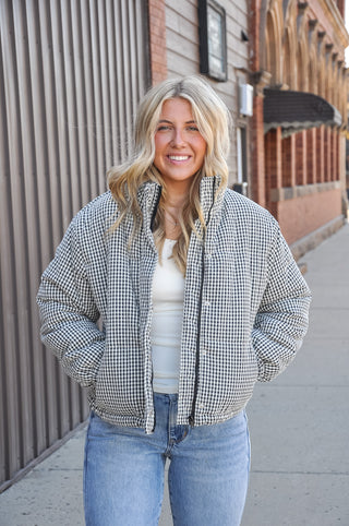It's All Black & White Gingham Puffer Jacket | JQ Clothing Co.