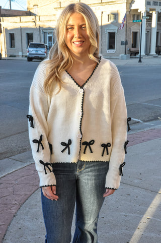 Ivory Black Bow Trim Knit Cardigan
