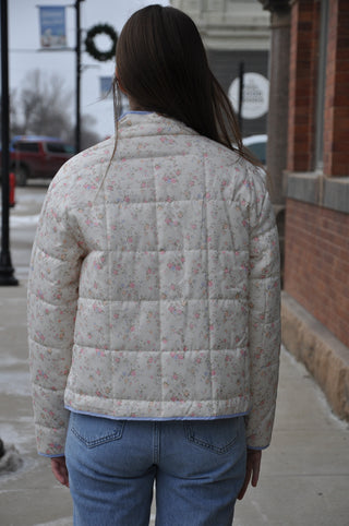Ivory Floral Printed Quilted Jacket