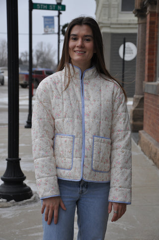 Ivory Floral Printed Quilted Jacket