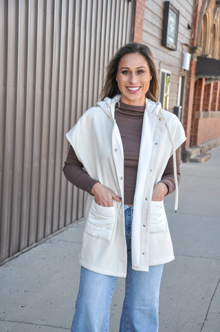 Ivory Satin Trim Snap Hoodie Vest