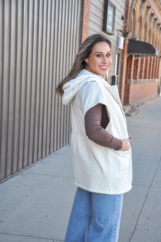 Ivory Satin Trim Snap Hoodie Vest