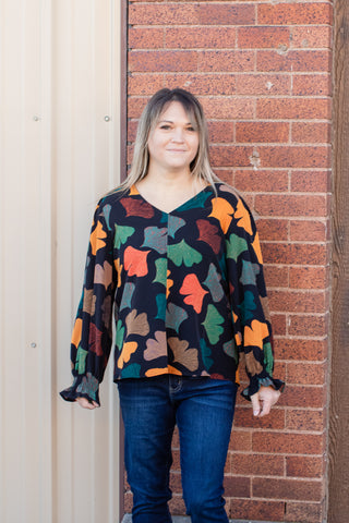 Leaf Print V-Neck Long Sleeve