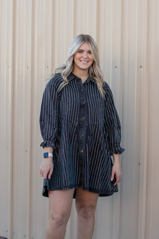 Rhinestone Striped Black Denim Dress | JQ Clothing Co.