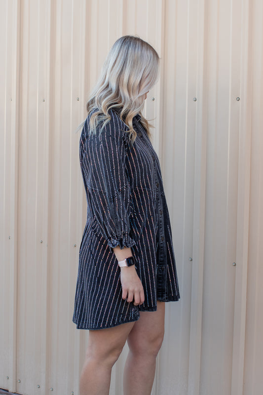 Rhinestone Striped Black Denim Dress | JQ Clothing Co.