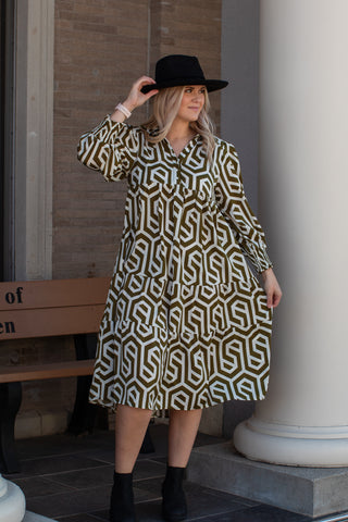 Geo Printed Midi Olive Dress | JQ Clothing Co.