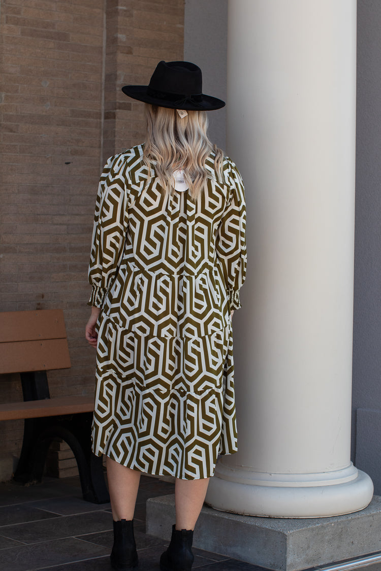 Geo Printed Midi Olive Dress | JQ Clothing Co.